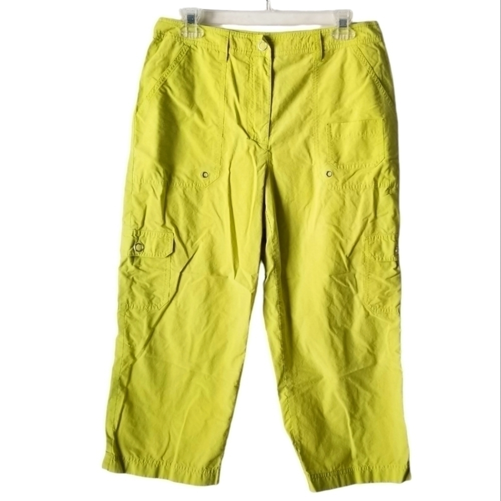 Chico's Cargo Cropped Neon Lime Green Pants Size 1.5